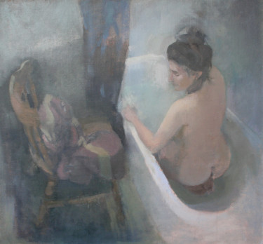 Painting titled "Nude seated it a ba…" by Tal Porat, Original Artwork, Oil