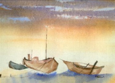 Peinture intitulée "bateaux sur laplage" par Veronique Talent, Œuvre d'art originale