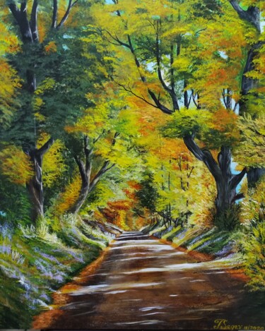 Painting titled "Autumn forest" by Tali Segev, Original Artwork, Acrylic Mounted on Wood Stretcher frame
