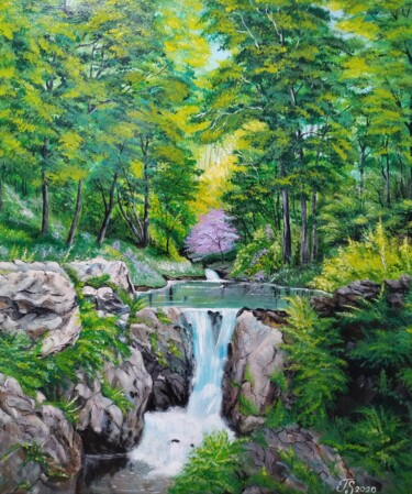 Painting titled "By the waterfall" by Tali Segev, Original Artwork, Acrylic Mounted on Wood Stretcher frame