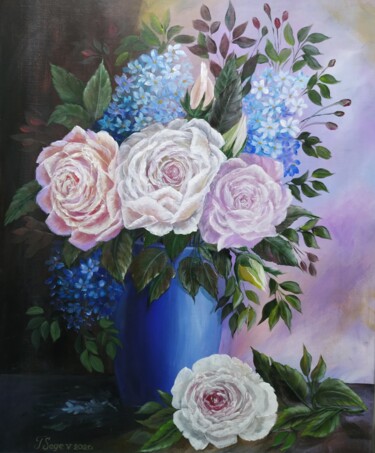 Картина под названием "Flowers in a blue v…" - Tali Segev, Подлинное произведение искусства, Акрил Установлен на Деревянная…