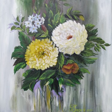 Painting titled "Chrysanthemums" by Tali Segev, Original Artwork, Acrylic Mounted on Wood Stretcher frame