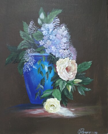 Картина под названием "Flowers in a blue v…" - Tali Segev, Подлинное произведение искусства, Акрил