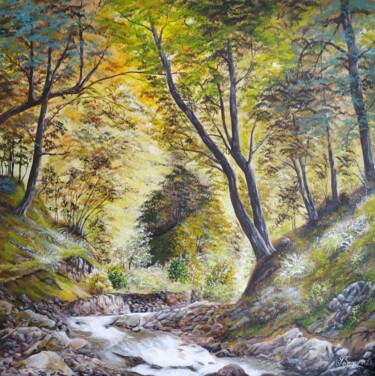 Painting titled "Forest river" by Tali Segev, Original Artwork, Acrylic Mounted on Wood Stretcher frame