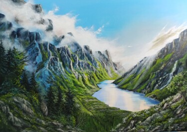 Картина под названием "Clouds in the mount…" - Tali Segev, Подлинное произведение искусства, Акрил Установлен на Деревянная…