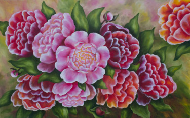 Pintura intitulada "Peony Flowers" por Inna Esina, Obras de arte originais, Óleo