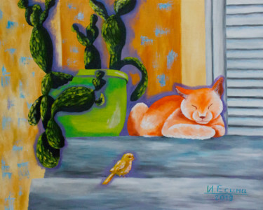 Pittura intitolato "Sleeping cat" da Inna Esina, Opera d'arte originale, Olio