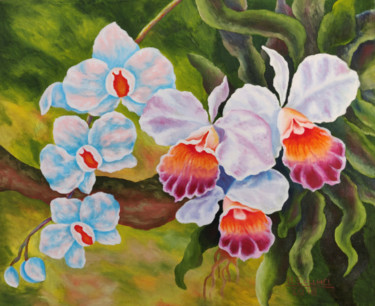 Painting titled "Orchid flowers" by Inna Esina, Original Artwork, Oil