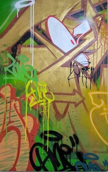 Pittura intitolato "Graffiti Gold" da Talu, Opera d'arte originale, Spray Montato su Altro pannello rigido