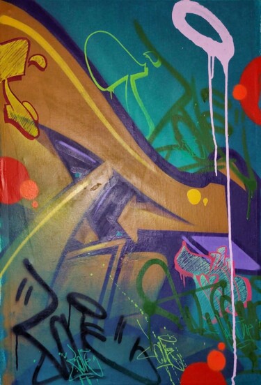 Schilderij getiteld "T" door Talu, Origineel Kunstwerk, Graffiti Gemonteerd op Frame voor houten brancard