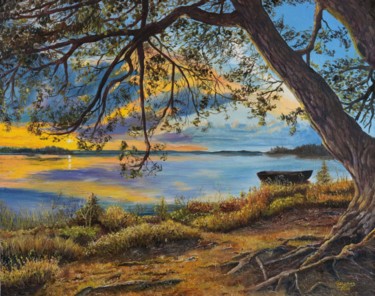 Painting titled "dawn on the lake" by Talvanes Moura, Original Artwork, Oil Mounted on Wood Panel