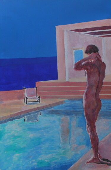 Painting titled "Male Nude By Pool" by Tam Nightingale, Original Artwork, Acrylic Mounted on Wood Stretcher frame