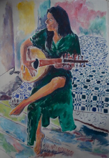 Painting titled "Woman playing the l…" by Tam Nightingale, Original Artwork, Acrylic