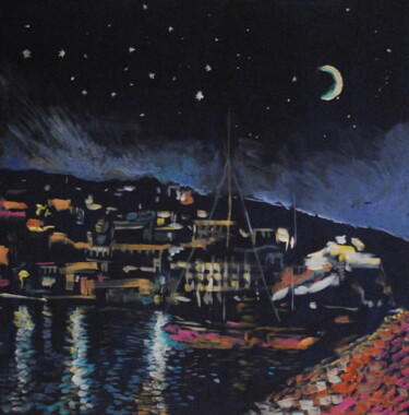 Painting titled "Skopelos town at ni…" by Tam Nightingale, Original Artwork, Acrylic Mounted on Wood Stretcher frame