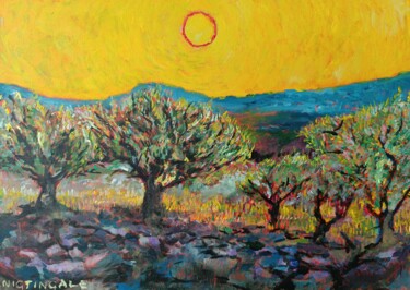 Painting titled "Olive grove in late…" by Tam Nightingale, Original Artwork, Acrylic Mounted on Wood Stretcher frame