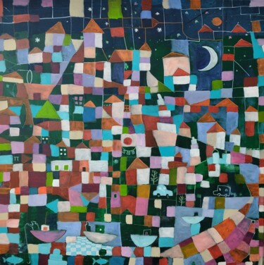 Pittura intitolato "Peaceful village" da Tam Nightingale, Opera d'arte originale, Acrilico Montato su Telaio per barella in…