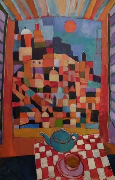 Painting titled "Tea with a view" by Tam Nightingale, Original Artwork, Acrylic Mounted on Wood Stretcher frame