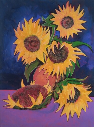 Painting titled "Les Tournesols" by Tam Nightingale, Original Artwork, Acrylic Mounted on Wood Stretcher frame