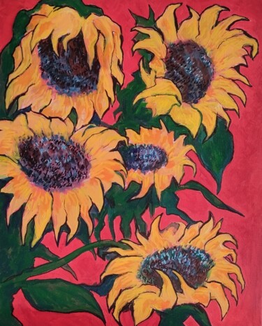 Painting titled "Sunflowers" by Tam Nightingale, Original Artwork, Acrylic Mounted on Wood Stretcher frame