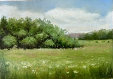 Painting titled "Summer landscape oi…" by Tamar Chkhaidze, Original Artwork, Oil Mounted on Wood Stretcher frame