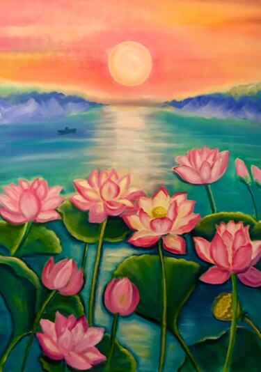 Painting titled "Lotusblumen" by Tamara Michel, Original Artwork, Oil