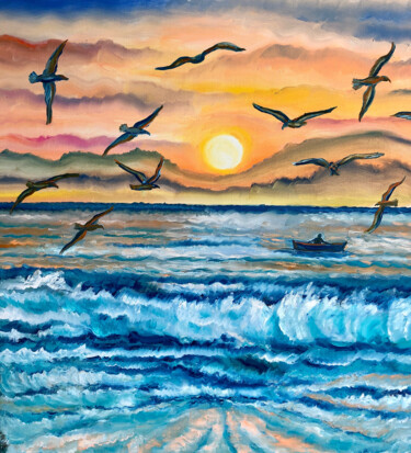 Malerei mit dem Titel "Sonne,Meer,Möwen" von Tamara Michel, Original-Kunstwerk, Öl
