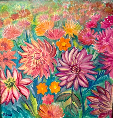 Malerei mit dem Titel "Dahlienblumen" von Tamara Michel, Original-Kunstwerk, Öl