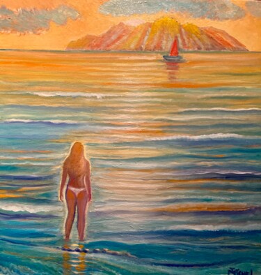 Malerei mit dem Titel "Abends schwimmen" von Tamara Michel, Original-Kunstwerk, Öl