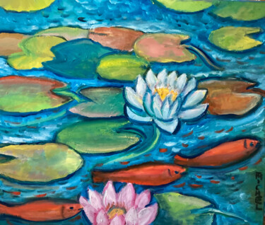 Malerei mit dem Titel "Rote Fische mit See…" von Tamara Michel, Original-Kunstwerk, Öl