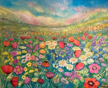 Malerei mit dem Titel "Wiesenblumen" von Tamara Michel, Original-Kunstwerk, Öl Auf Keilrahmen aus Holz montiert