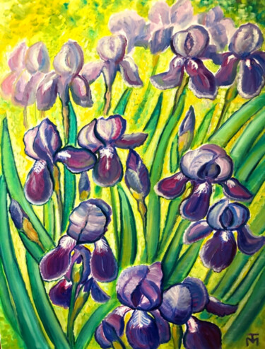 Картина под названием "Iris im Garten" - Tamara Michel, Подлинное произведение искусства, Масло Установлен на Деревянная рам…