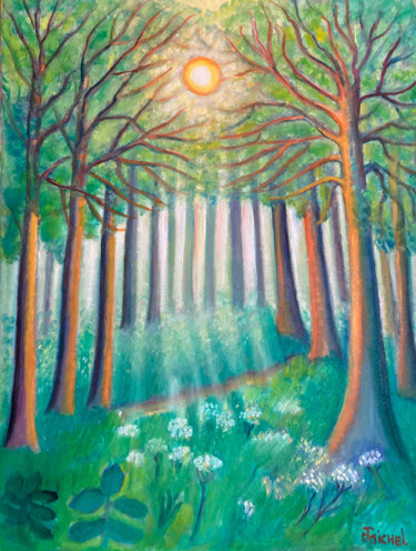 Schilderij getiteld "Morgen in Wald" door Tamara Michel, Origineel Kunstwerk, Olie Gemonteerd op Frame voor houten brancard
