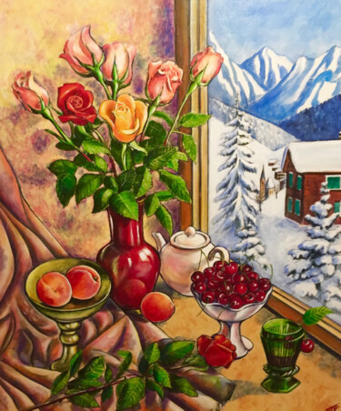 Pittura intitolato "Alpiner Fensterblick" da Tamara Michel, Opera d'arte originale, Acrilico Montato su Telaio per barella i…
