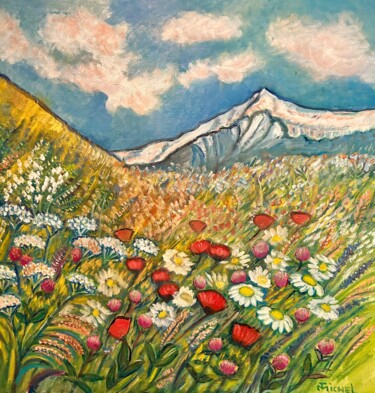 Painting titled "Alpenwiese" by Tamara Michel, Original Artwork, Oil Mounted on Wood Stretcher frame