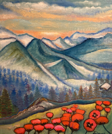 Painting titled "Alpen" by Tamara Michel, Original Artwork, Oil Mounted on Wood Stretcher frame