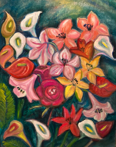 Painting titled "Blumenpracht" by Tamara Michel, Original Artwork, Oil Mounted on Wood Stretcher frame