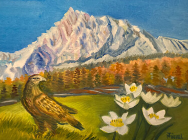 Painting titled "Königsadler in Alpen" by Tamara Michel, Original Artwork, Oil Mounted on Wood Stretcher frame