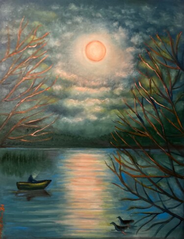 Painting titled "See bei Vollmond." by Tamara Michel, Original Artwork, Oil Mounted on Wood Stretcher frame