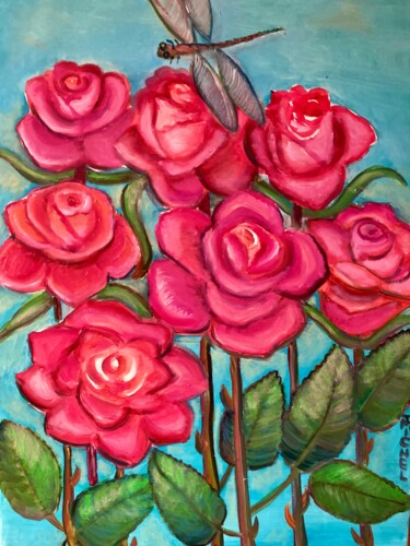 Malerei mit dem Titel "Sieben Rosen" von Tamara Michel, Original-Kunstwerk, Öl Auf Keilrahmen aus Holz montiert