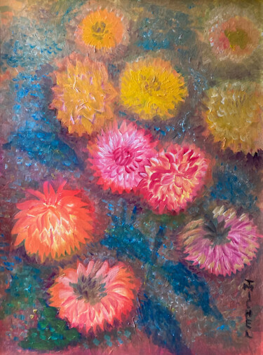 Painting titled "Blumen in Garten" by Tamara Michel, Original Artwork, Oil Mounted on Wood Stretcher frame