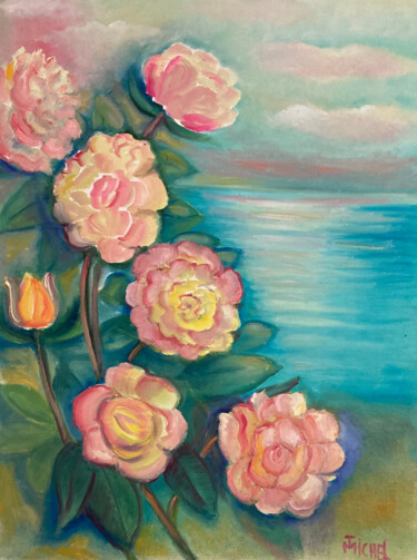 Painting titled "Rosen in Garten" by Tamara Michel, Original Artwork, Oil Mounted on Wood Stretcher frame