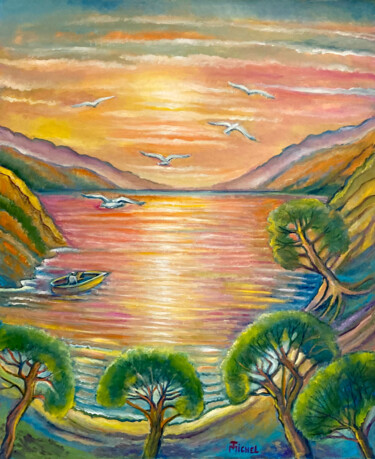 Painting titled "Abend bei Meer" by Tamara Michel, Original Artwork, Oil Mounted on Wood Stretcher frame