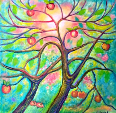 Painting titled "Apfelbaum" by Tamara Michel, Original Artwork, Oil Mounted on Wood Stretcher frame