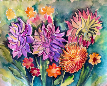 Schilderij getiteld "Herbstblumen" door Tamara Michel, Origineel Kunstwerk, Aquarel