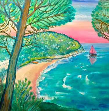 Painting titled "Ibiza" by Tamara Michel, Original Artwork, Oil Mounted on Wood Stretcher frame