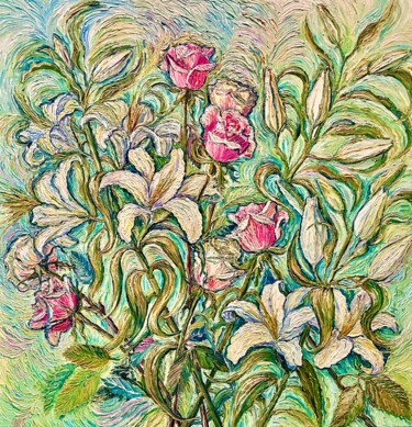 Malerei mit dem Titel "Rosen mit Lilien" von Tamara Michel, Original-Kunstwerk, Öl Auf Keilrahmen aus Holz montiert