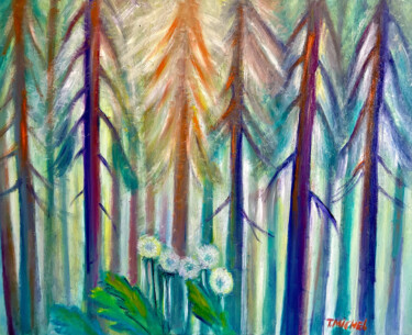Painting titled "Morgen im Wald" by Tamara Michel, Original Artwork, Oil Mounted on Wood Stretcher frame