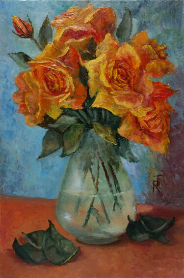 Schilderij getiteld "Orange rose" door Tamara Rozinskay, Origineel Kunstwerk, Olie