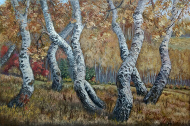 Schilderij getiteld "Dancing birches" door Tamara Rozinskay, Origineel Kunstwerk, Olie Gemonteerd op Houten paneel