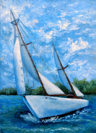 Malerei mit dem Titel "White sailboat" von Tamara Rozinskay, Original-Kunstwerk, Öl